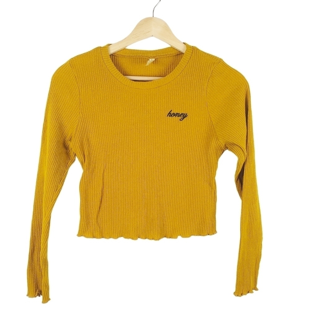 Atticute Cropped Top Womens Small Yellow Ribbed Lettuce hem Honey logo Retro‎